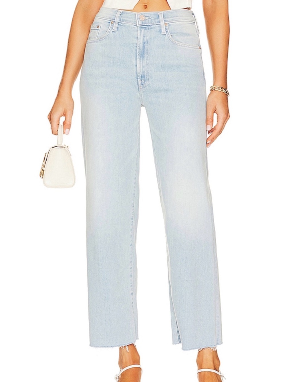 MOTHER Light Blue Denim Rambler Zip Ankle Fray Jeans